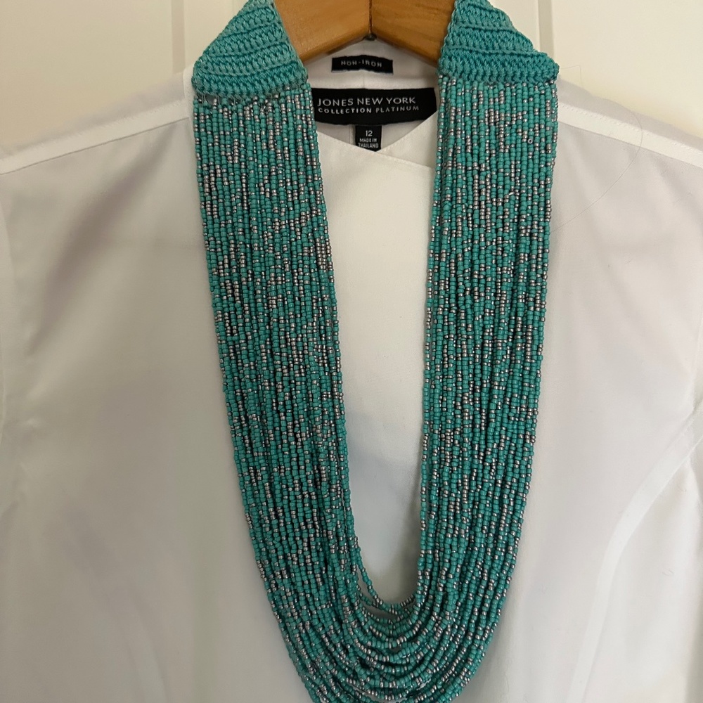 Bead necklace, turquoise and gold color beads